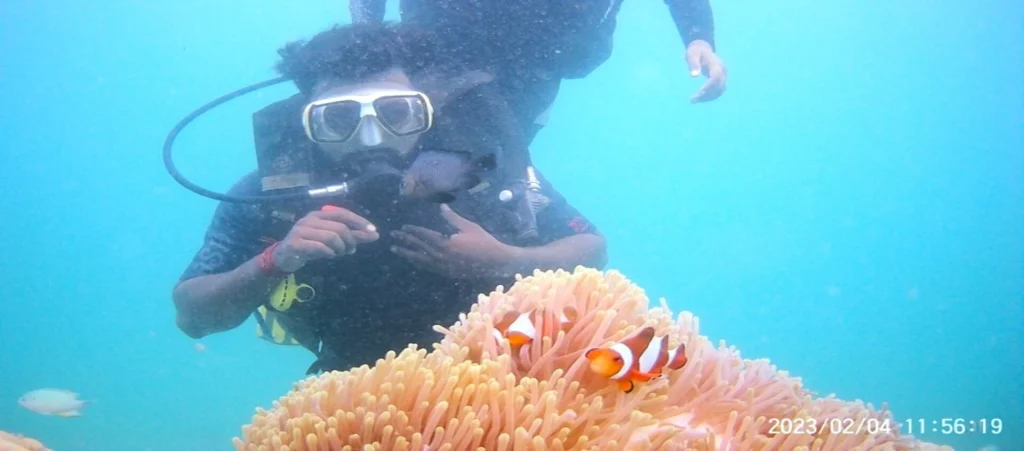 Scuba diver exploring colorful coral reefs and marine life in Havelock Island, Andaman