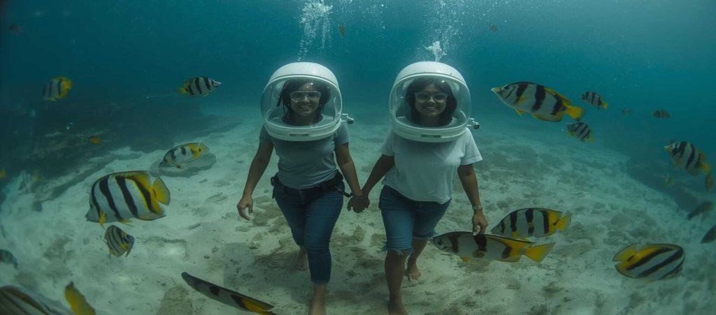Tourist doing sea walk underwater with helmet in North Bay Island, Andaman